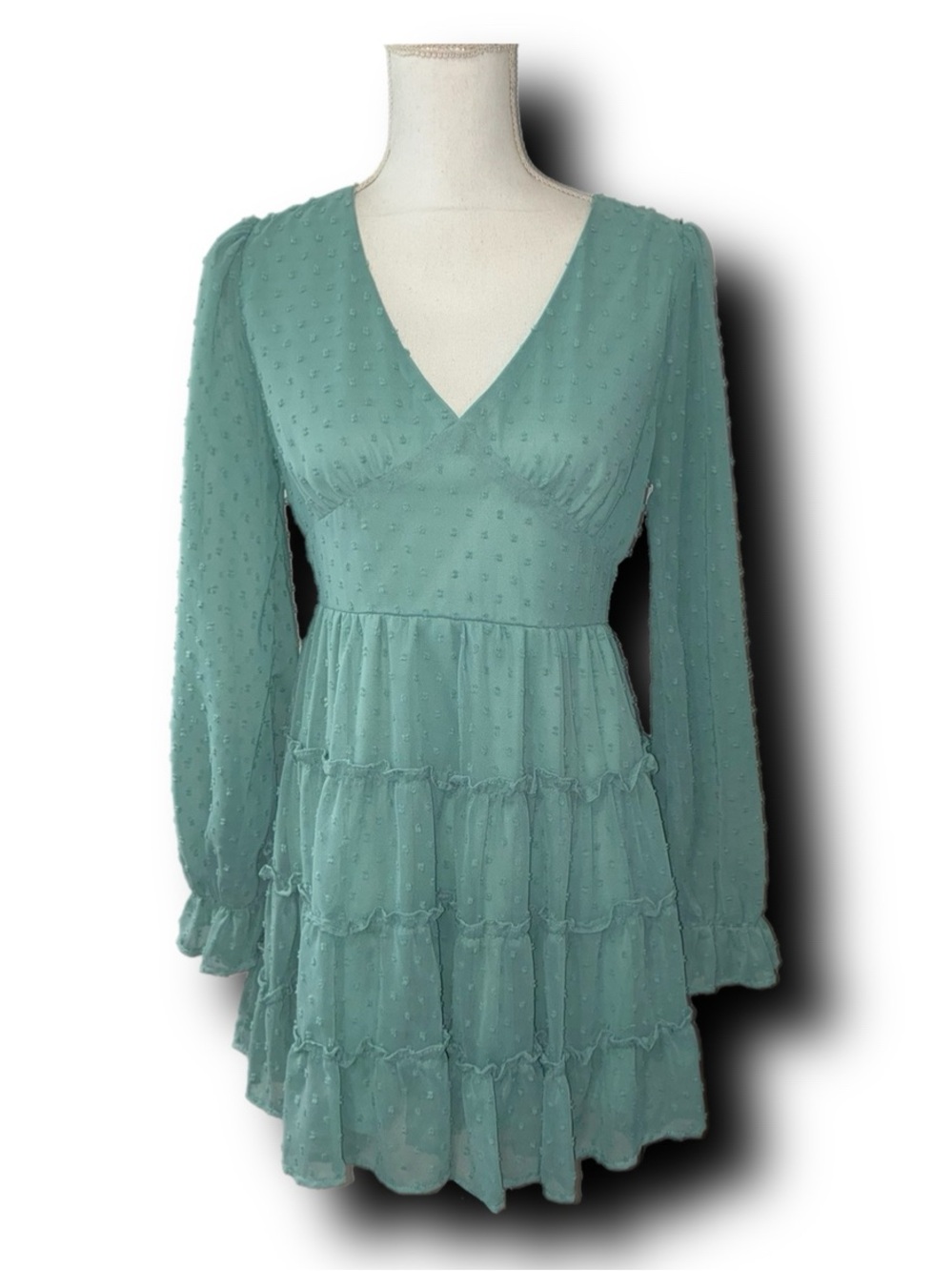 Altar’d State Eliza Tiered Swiss Dot Mini Dress in Seafoam Green Cottagecore
